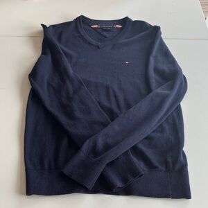 Tommy Hilfiger Men's Dark Navy V-Neck Sweater with Small Flag Logo